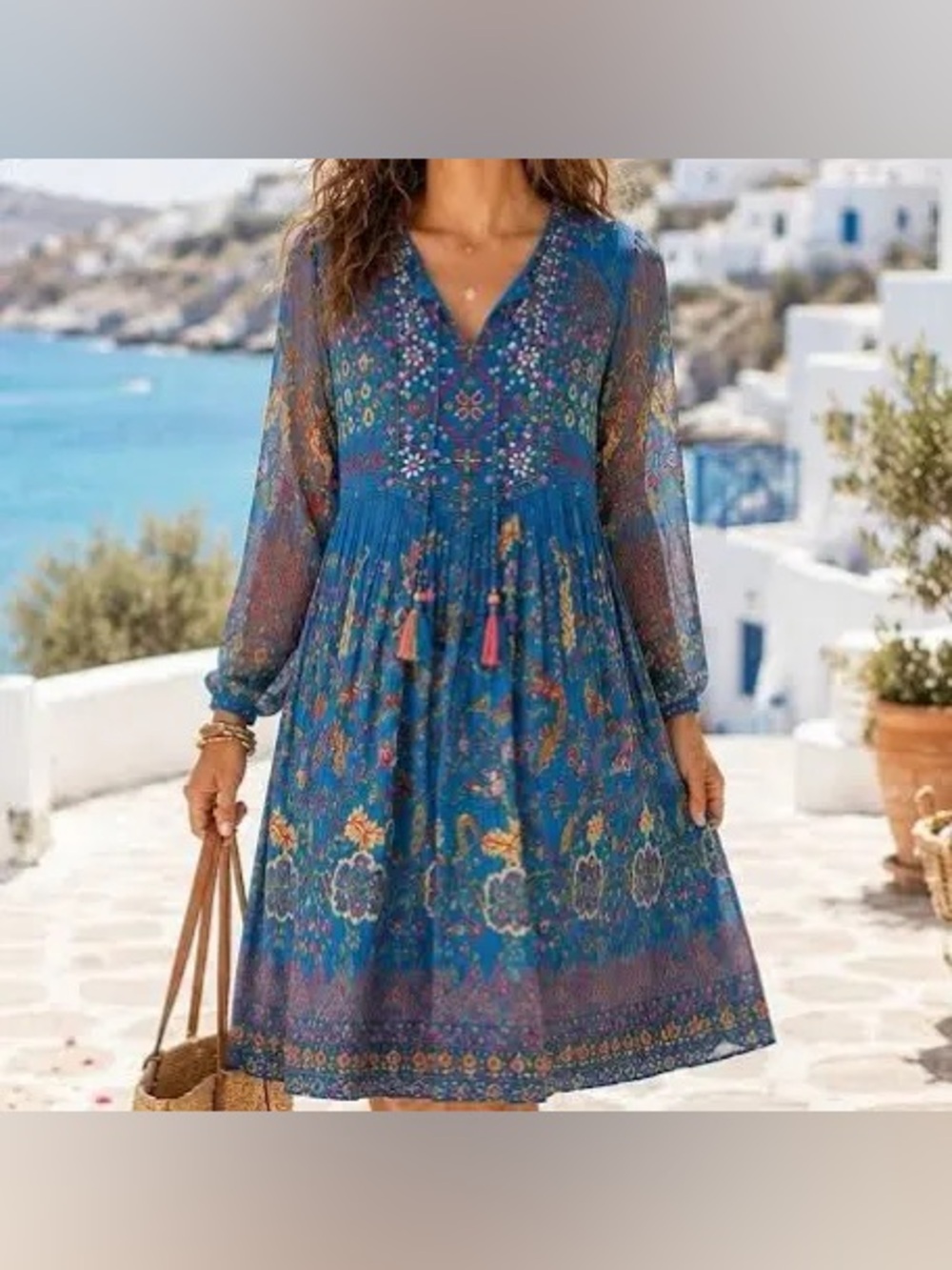 Soft Surroundings Dress Blue Embroidered Beaded Notch Neckline Tassle tie Floral